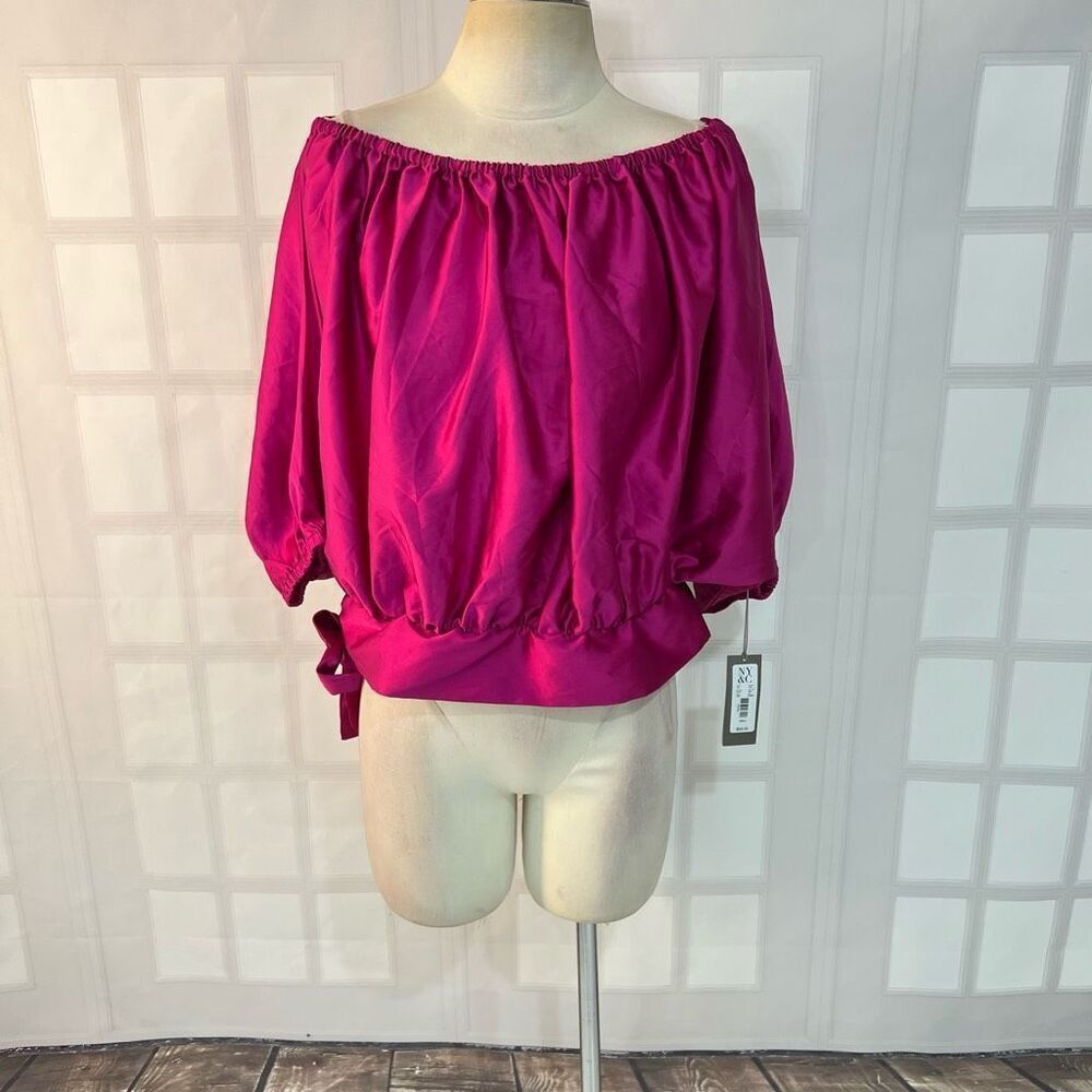 New York & Company Womens Eva Mendes Satin Off-Shoulder Blouse Fuchsia Small NWT